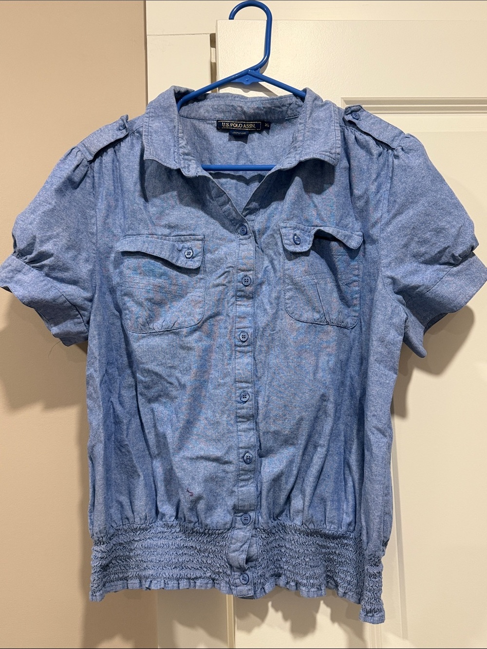 U.S. Polo Assn. Blue Short-Sleeve Button-Front Shirt with Smocked Hem